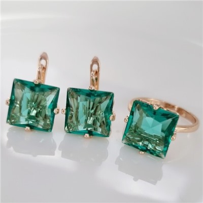 Комплект ювелирная бижутерия коллекция  "Дубай" серьги и кольцо 17 р, покрытие: позолота, вставка: фианиты, цвет: морская волна, арт.215.450-17