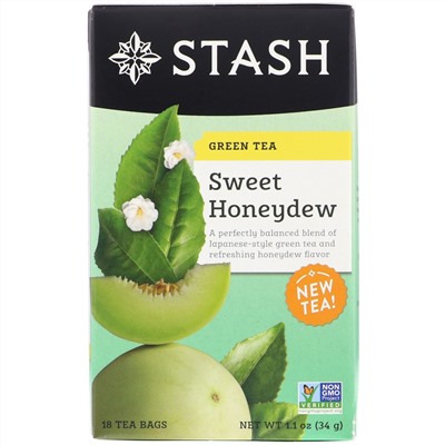 Stash Tea, зеленый чай, сладкая белая дыня, 18 чайных пакетиков, 1,1 унц. (34 г)