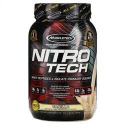 Muscletech, Nitro Tech, сывороточный изолят + смесь для роста сухой мышечной массы, ванильный вкус, 907 г (2 фунта)