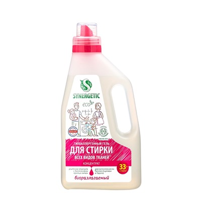 Жидкое средство для стирки Synergetic, гель, универсальное, гипоаллергенное, 1 л