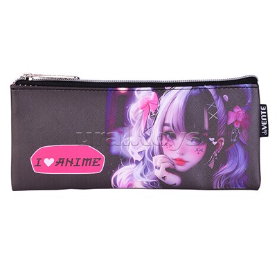 Пенал "I Love Anime" 21,5x9x1 см, плоский для 35 предметов, на молнии, искусственная кожа с антивандальной фактурой, с подкладом