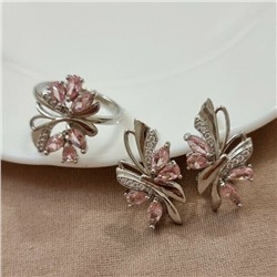 Комплект ювелирная бижутерия, серьги и кольцо посеребрение, камни цвет розовый, р-р 17, 76168, арт.414.403-17