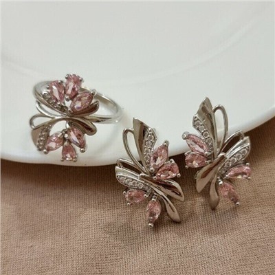 Комплект ювелирная бижутерия, серьги и кольцо посеребрение, камни цвет розовый, р-р 17, 76168, арт.414.403-17