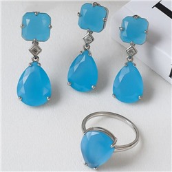 Комплект ювелирной бижутерии коллекция "Дубай" серьги, кулон и кольцо 19 р, покрытие посеребрение, вставка: стекло, цвет: голубой матовый, арт.414.183-19