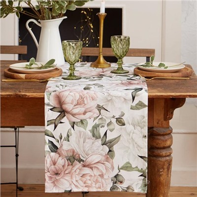Дорожка на стол Этель «Пионы» 40×145 ±5 см, 100% хлопок, саржа 190 г/м², белая/розовая
