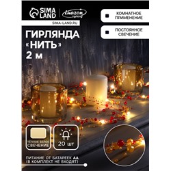 Гирлянда «Нить» 2 м роса с насадками «Гранатовый браслет», IP20, нить серебристая, 20 LED, батарейки AAx2 (не в комплекте), свечение тёплое белое