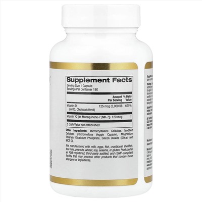 California Gold Nutrition, витамины D3 и К2 в форме MK-7, 180 растительных капсул