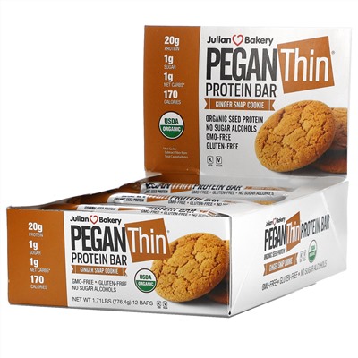 Julian Bakery, Pegan Thin, протеиновые батончики, имбирное печенье, 12 батончиков, по 64,7 г (2,28 унции) каждый