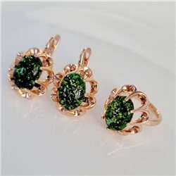 Комплект ювелирная бижутерия коллекция  "Дубай" серьги и кольцо 20 р, покрытие: позолота, вставка: искусственный камень с вкраплениями, цвет: зеленый, арт.313.123-20