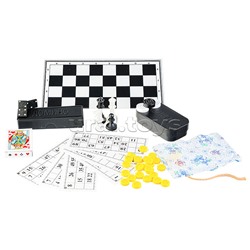 Набор из 6 игр "В Путь-Дорогу" в пластиковом чемоданчике (шахматы обиходные пластик., лото пластик с карточками, домино, шашки, карты(54л), зарики(кости) + 2 доски шахматные картонные, + инструкция 7 игр в кости)