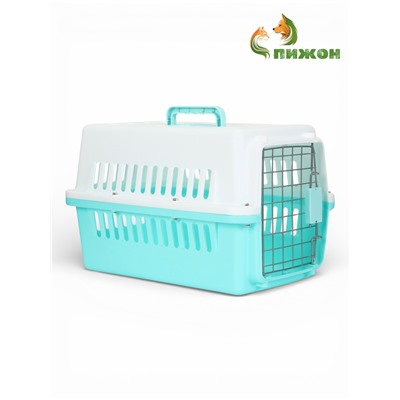 Переноска для животных, 49×31×31 см, с металлической дверью, пластик, белая, бирюзовая
