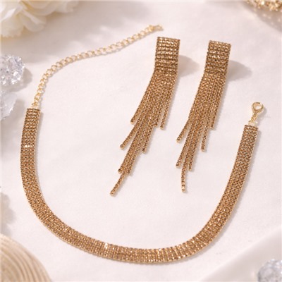 Комплект вечерней бижутерии со стразами чокер и серьги, цвет: шампань, арт.012.095