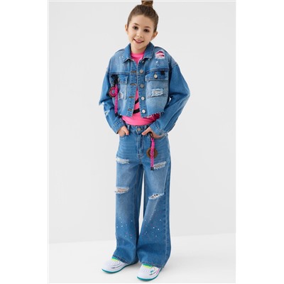 Брюки текстильные джинсовые для девочек PLAYTODAY, 1240109