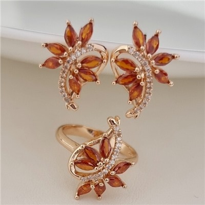 Комплект ювелирной бижутерии коллекция "Дубай" серьги и кольцо 19 р, покрытие позолота, вставка: фианиты, цвет: оранжевый и прозрачный, арт.215.488-19