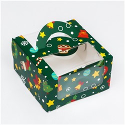 Коробка под бенто - торт с окном «Новогодняя изумрудная», 14×14×8 см