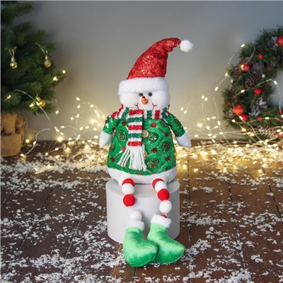 Игрушка мягкая «Снеговик в сияющем костюме и шарфике» 49×19 см, красно-зелёный