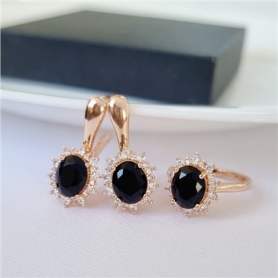 Комплект ювелирная бижутерия коллекция  "Дубай" серьги и кольцо 20 р, покрытие: позолота, вставка: фианиты, цвет: черный и прозрачный, арт.213.997-20