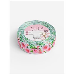 Лента репсовая «Розы», 25 мм, 18±1 м, белая, розовая