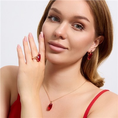 Комплект ювелирной бижутерии коллекция "Дубай" серьги, кулон и кольцо 18 р, покрытие позолота, вставка: фианит, цвет: красный, арт.314.904-18