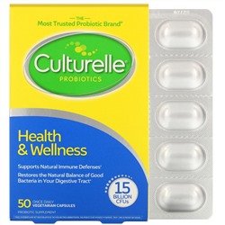 Culturelle, пробиотики, здоровье и хорошее самочувствие, 15 миллиардов КОЕ, 50 вегетарианских капсул для приема один раз в день