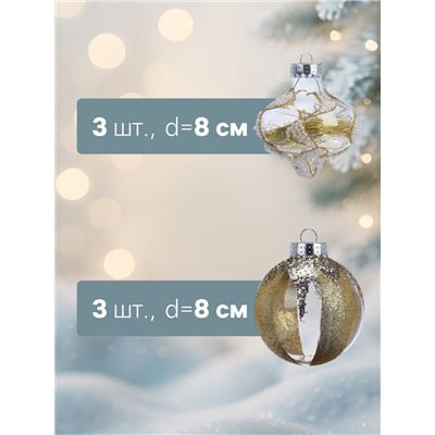 Ёлочные шары новогодние «Мелвин», набор 6 шт., d=8 см, прозрачный/бело-золотой