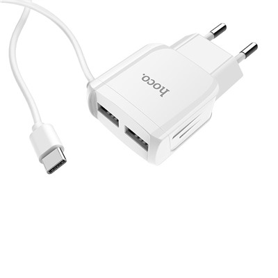 Адаптер Сетевой с кабелем Hoco C59A Mega Joy (повр. уп.) 2USB 2,4A/10W (USB/Type-C) (white)