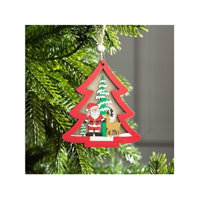 Ёлочная игрушка «Красная ёлочка с Дедом Морозом», 10×10×1 см, 3 LED, от батареек, свечение тёплое белое