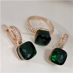 Комплект ювелирной бижутерии коллекция "Дубай" серьги и кольцо 17 р, покрытие позолота, вставка: фианиты, цвет: зеленый и прозрачный, арт.314.877-17