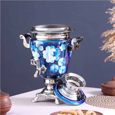 Набор посуды «Жостово на синем», 3 предмета: самовар 3 л, заварочный чайник 0.7 л, поднос