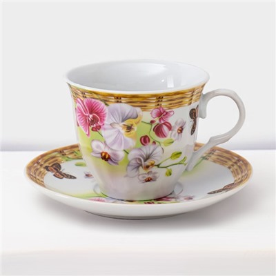 Набор чайный керамический на металлической подставке Доляна «Садовый дворик», 13 предметов: 6 чашек 200 мл, 6 блюдец d=14.1 см, чайник 1 л ㅤ