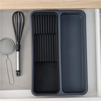 Лоток для столовых приборов и ножей FOLYlife, 40×26×5.1 см, 2 отделения, пластик, серый, чёрный