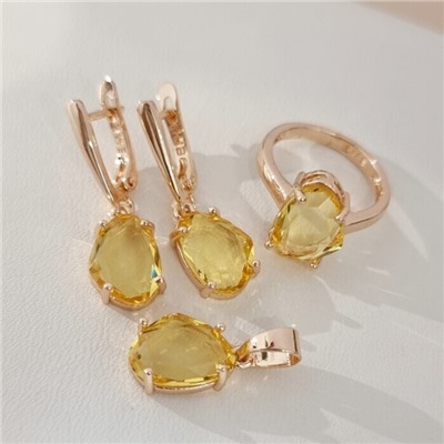 Комплект ювелирной бижутерии коллекция "Дубай" серьги, кулон и кольцо 17 р, покрытие позолота, вставка: стекло, цвет: желтый, арт.414.328-17
