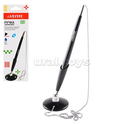 Ручка шариковая на самоклеящейся подставке d=0,7 мм, с металлической цепочкой, черный непрозрачный корпус, сменный стержень, в картонной коробке, синий цвет чернил