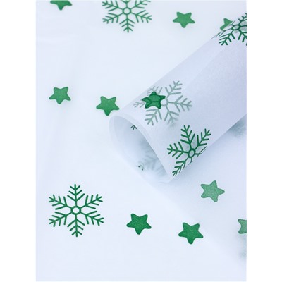 Бумага упаковочная новогодняя тишью «Снежинки со звездами», зелёный, 50×66 см