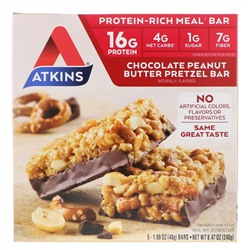 Atkins, шоколадный батончик с арахисовым маслом со вкусом претцелей, 5 батончиков, весом 48 г (1,69 унции) каждый