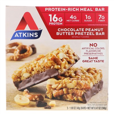 Atkins, шоколадный батончик с арахисовым маслом со вкусом претцелей, 5 батончиков, весом 48 г (1,69 унции) каждый
