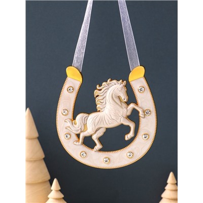 Подкова-оберег «Лошадь белая», панно на стену, 10.5×10.5×0.05 см, эмаль, стразы