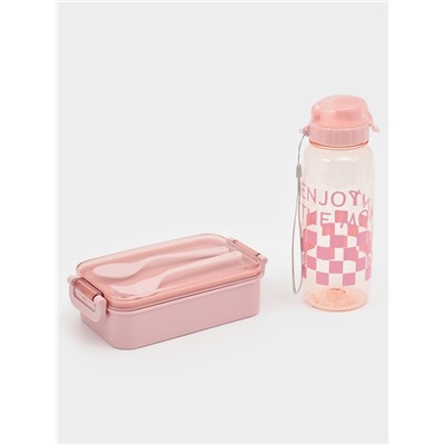 Набор посуды с собой Доляна, 4 предмета: бутылка 500 мл, ланч-бокс 20×17×5.5 см, вилка, ложка, пластик, розовый