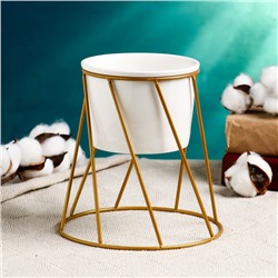 Декоративный горшок для цветов «Цилиндр», 500 мл, 16×16×16 см, керамика, с металлической подставкой, белый