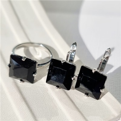 Комплект ювелирная бижутерия серьги и кольцо 19 р покрытие: посеребрение, вставка: фианиты, цвет: черный, арт.215.463-19
