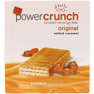 BNRG, Протеиновый энергетический батончик Power Crunch, оригинальная рецептура, соленая карамель, 12 батончиков, 40 г каждый