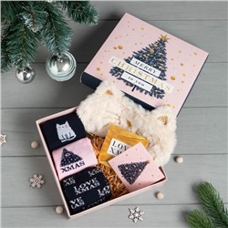 Набор новогодний подарочный KAFTAN Merry Christmas, носки размер 36-39 (23-25 см), маска для сна, открытка 2 шт.