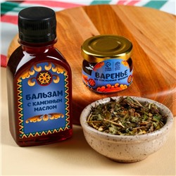 Подарочный набор новогодний «Будьте здоровы»: чай тонизирующий 20 г, варенье из сосновых шишек 30 г, бальзам 100 мл.