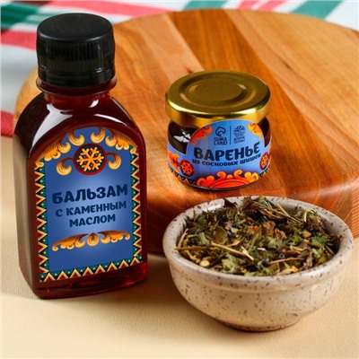 Подарочный набор новогодний «Будьте здоровы»: чай тонизирующий 20 г, варенье из сосновых шишек 30 г, бальзам 100 мл.