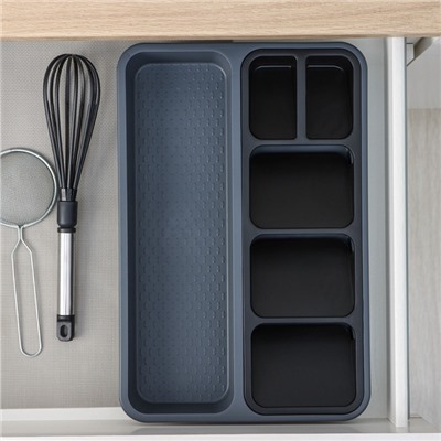 Лоток для столовых приборов FOLYlife, 40×26×5.1 см, 6 отделений, пластик, серый, чёрный