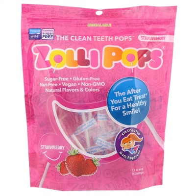 Zollipops, The Clean Teeth Pops, ZolliPops, леденцы с клубничным вкусом, 15 шт., 88 г (3,1 унции)