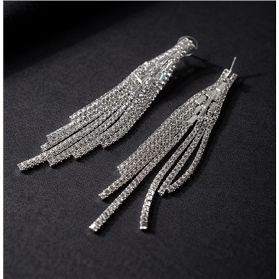 Серьги бижутерия висячие вечерние с камнями, цвет: серебристый и прозрачный, арт.012.076