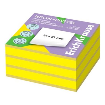 Бумага для заметок с клеевым краем 51х51 мм 250л 2 цв "Neon+Pastel" 63676 ErichKrause