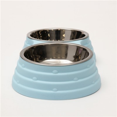 Миска двойная, 25×14×5 см, на пластиковом основании, металл, голубая