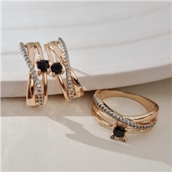 Комплект ювелирной бижутерии коллекция "Дубай" серьги и кольцо 19 р, покрытие позолота, вставка: фианиты и цирконы, цвет: черный и прозрачный, арт.215.701-19